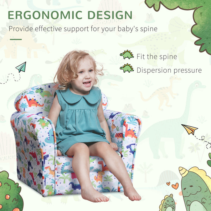 HOMCOM Children Armchair Kids Sofa Tub Chair Seat Cartoon Dinosaur Pattern Bedroom Flannel Wooden Frame Non-slip Playroom Seater | Aosom UK