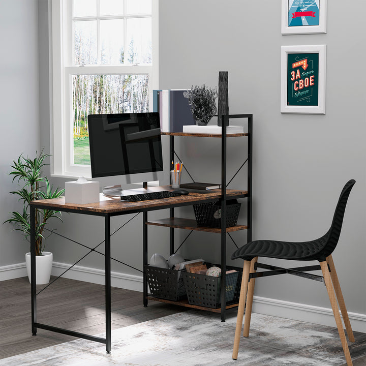 HOMCOM Study Desk, Computer Table with 4-Tier Bookshelf, Home Office Workstation, Metal Frame, Wooden Top, Rustic Brown & Black | Aosom UK