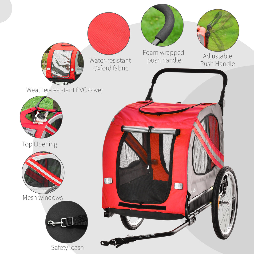 2-In-1 Dog Bike Trailer Pet Stroller with Universal Wheel Reflector Flag Red