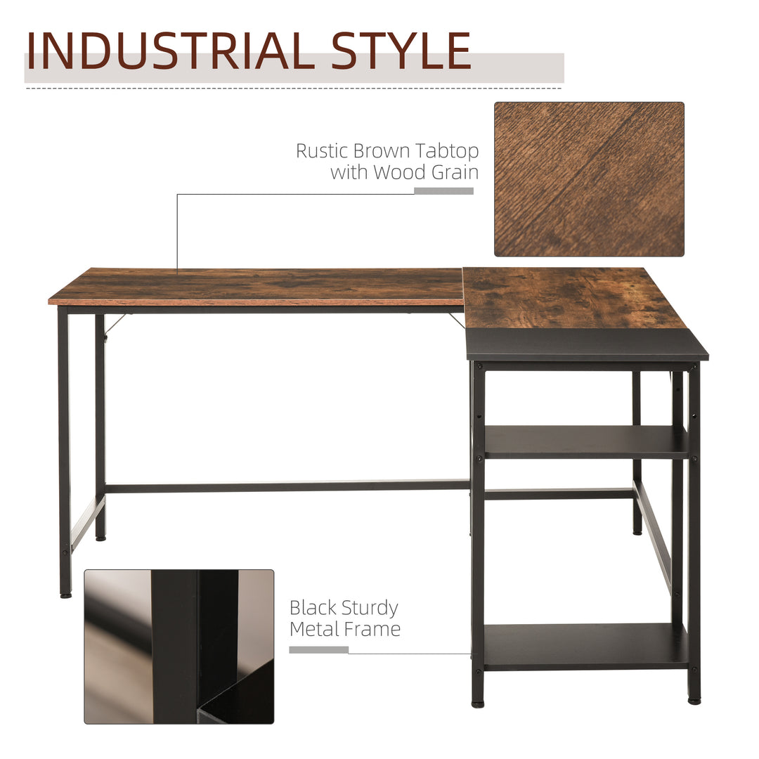 L-Shaped Computer Desk Industrial Corner Writing Desk with Adjustable Storage Shelf Space-Saving Home Office Workstation 150 x 120 x 75 cm Rustic Brown