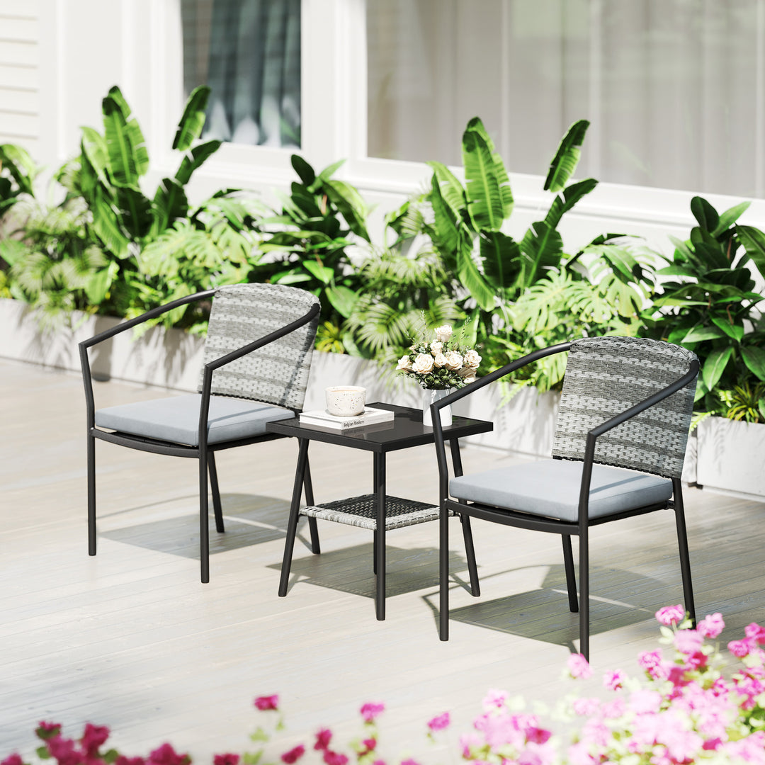 3 Pieces Rattan Bistro Set with Cushions, Wicker Garden Furniture Set, Glass Top Coffee Table and Chairs for Outdoor Patio, Balcony, Terrace and Conservatory, Grey