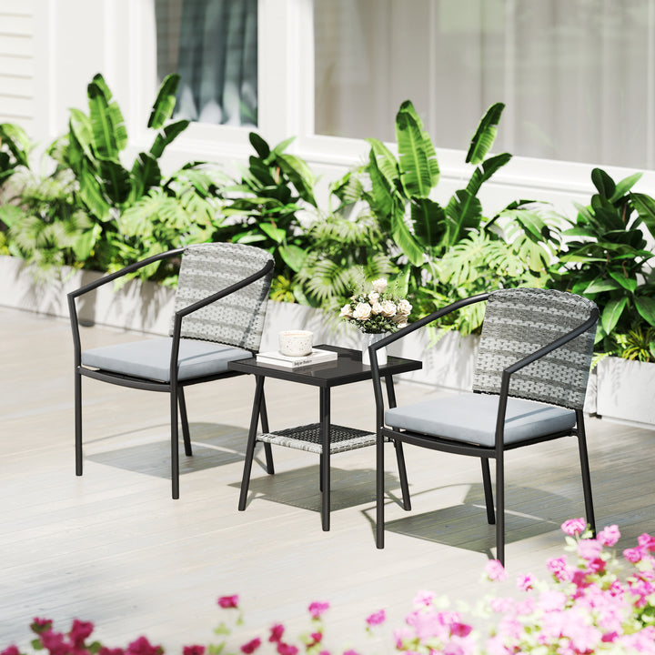 3 Pieces Rattan Bistro Set with Cushions, Wicker Garden Furniture Set, Glass Top Coffee Table and Chairs for Outdoor Patio, Balcony, Terrace and Conservatory, Grey