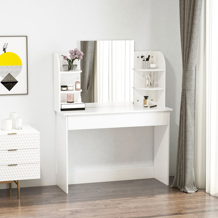 MCL Modern Dressing Table Writing Desk W/ Mirror, Big Drawers, 2-Tier Open Shelf For Home Bedroom White