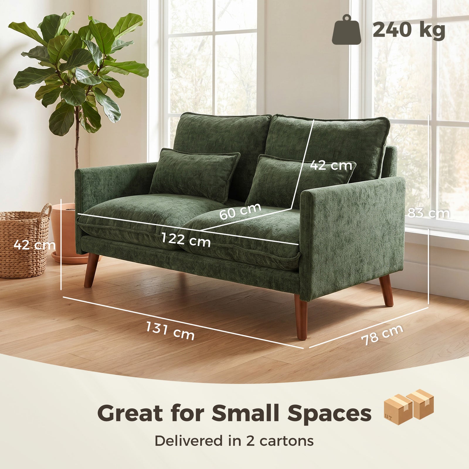2 Seater Sofa, Loveseat Sofa with Spring Cushions, Wide and Deep Seat,
