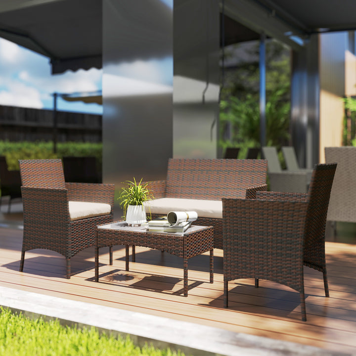 4 Piece Rattan Garden Furniture Sofa Set with Loveseat, Armchairs, Gla
