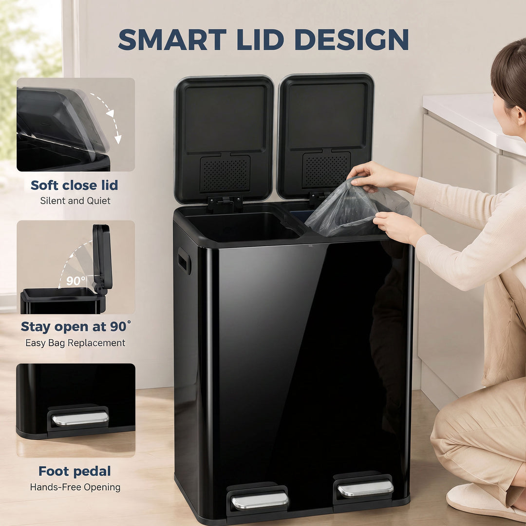 2 x 30L Double Kitchen Bin, Stainless Steel Pedal Rubbish Bin with - view 5
