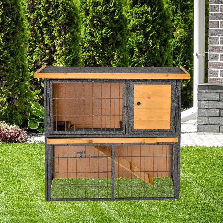 PawHut Wood-metal Guinea Pigs Hutches Elevated Pet House Bunny Cage with Slide-Out Tray Asphalt Openable Roof Lockable Door Outdoor | Aosom UK