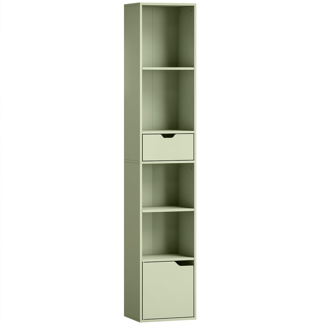 6-Tier Bookcase, Tall Narrow Bookshelf with Drawer and Door - Green