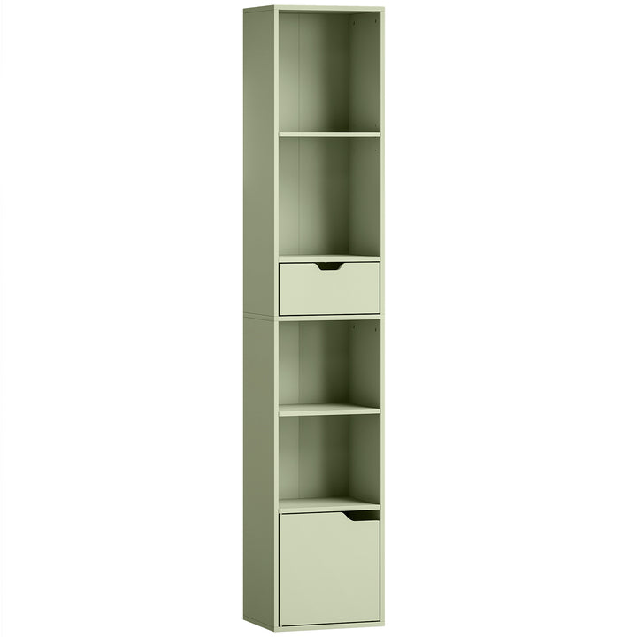 6-Tier Bookcase, Tall Narrow Bookshelf with Drawer and Door - Green
