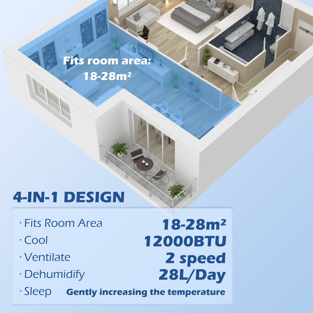 HOMCOM 12,000 BTU Mobile Air Conditioner for Room up to 28m², with Dehumidifier, Auto & Sleep Mode, 24H Timer, Wheels | Aosom UK