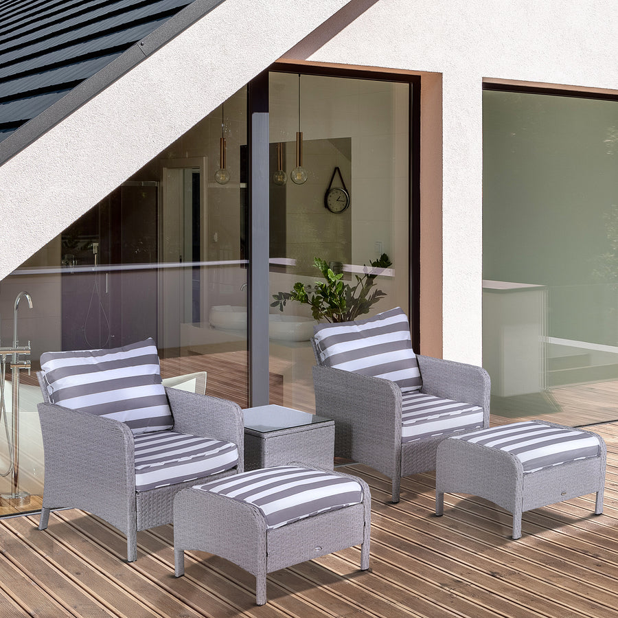 5 Pieces PE Rattan Garden Furniture Set with 10cm Thick Padded Cushions, Wicker Weave Outdoor Seating Chairs with 2 Armchairs, 2 Stools, Glass Top Table, Grey and White