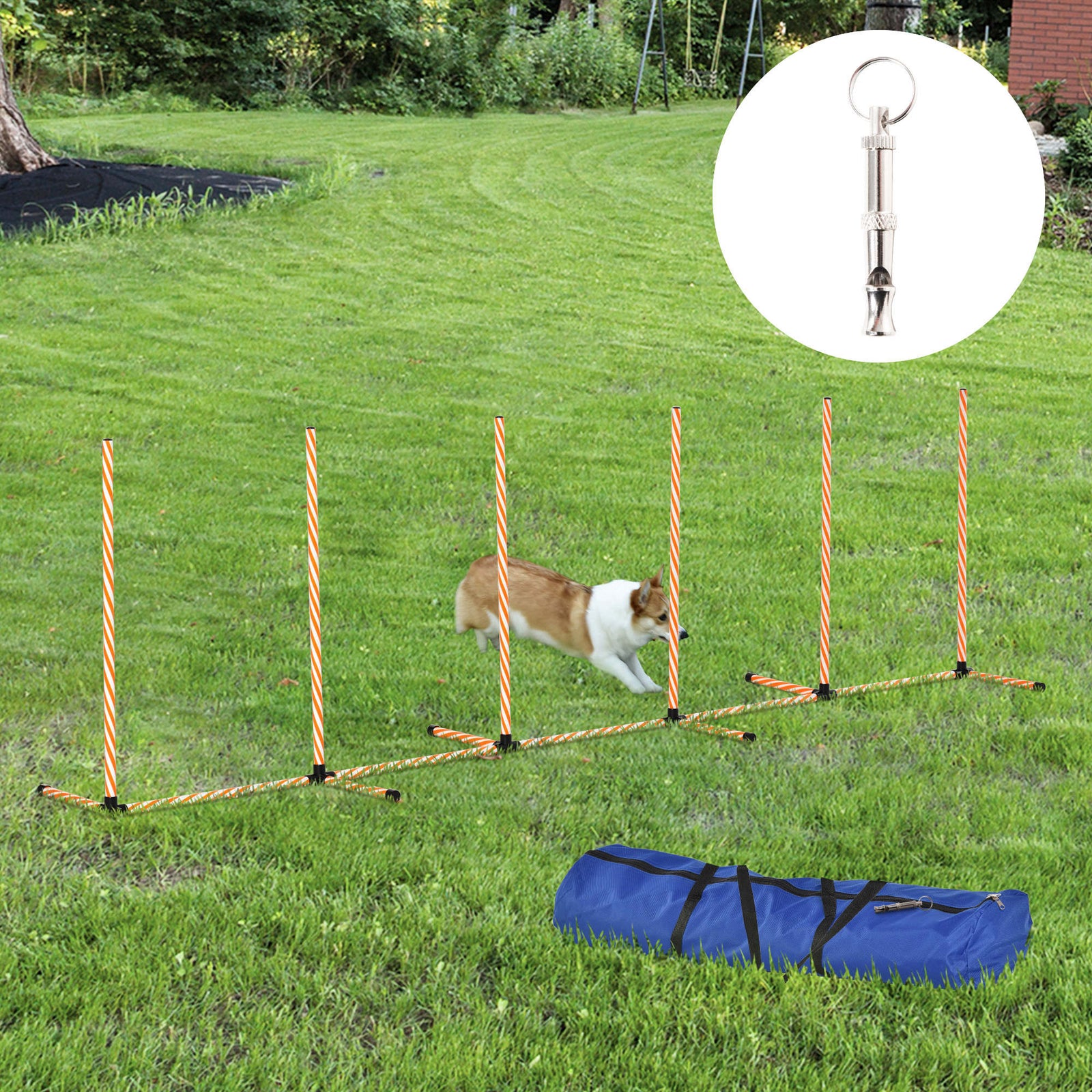 Dog Agility Equipment Pet Outdoor Training Play Run Obstacle w/ 6 Weaves Poles Whistle Carrying Bag