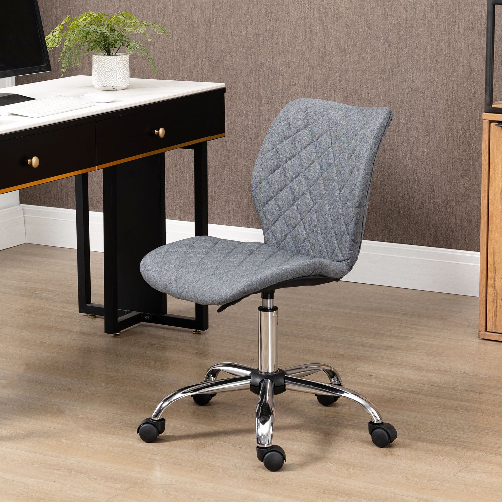 Armless Office Chair Adjustable Computer Chair Swivel Chair with Rolling Wheels and Linen Fabric Back Support for Home Office Students Study Grey