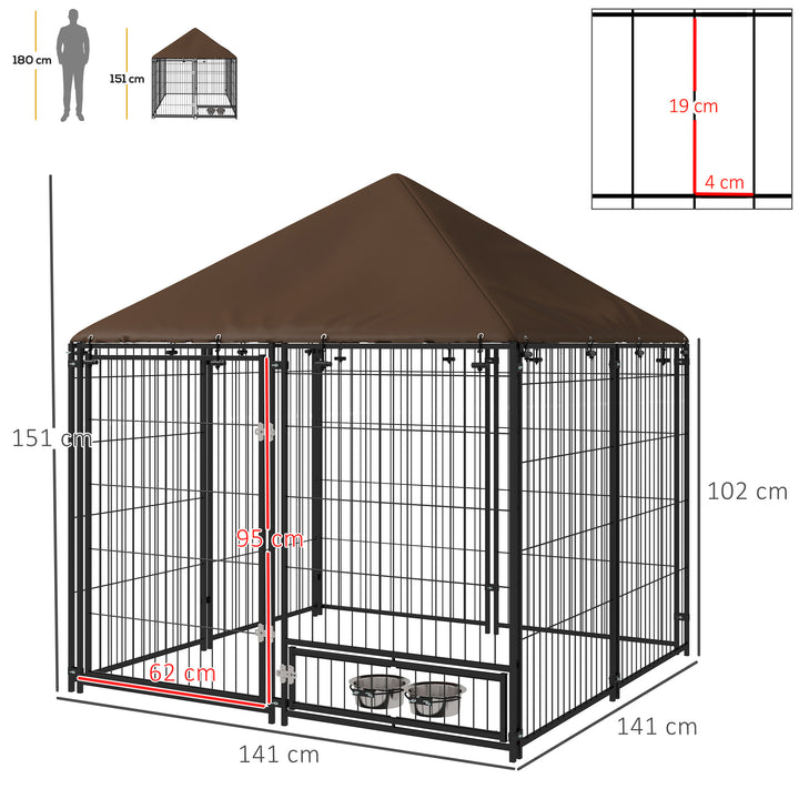 PawHut Outdoor Dog Kennel Puppy Play Pen with Canopy Garden Playpen Fence Crate Enclosure Cage Rotating Bowl 141 x 141 x 151 cm | Aosom UK