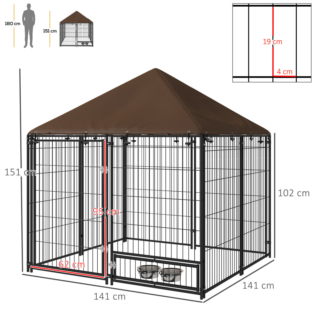 PawHut Outdoor Dog Kennel Puppy Play Pen with Canopy Garden Playpen Fence Crate Enclosure Cage Rotating Bowl 141 x 141 x 151 cm