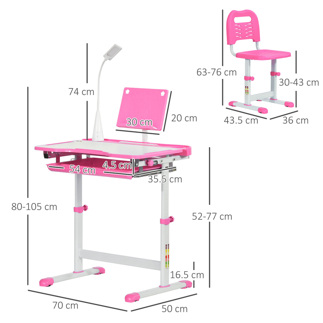Kids Study Desk and Chair Set w/ Adjustable Height, Storage, Drawer, Pink
