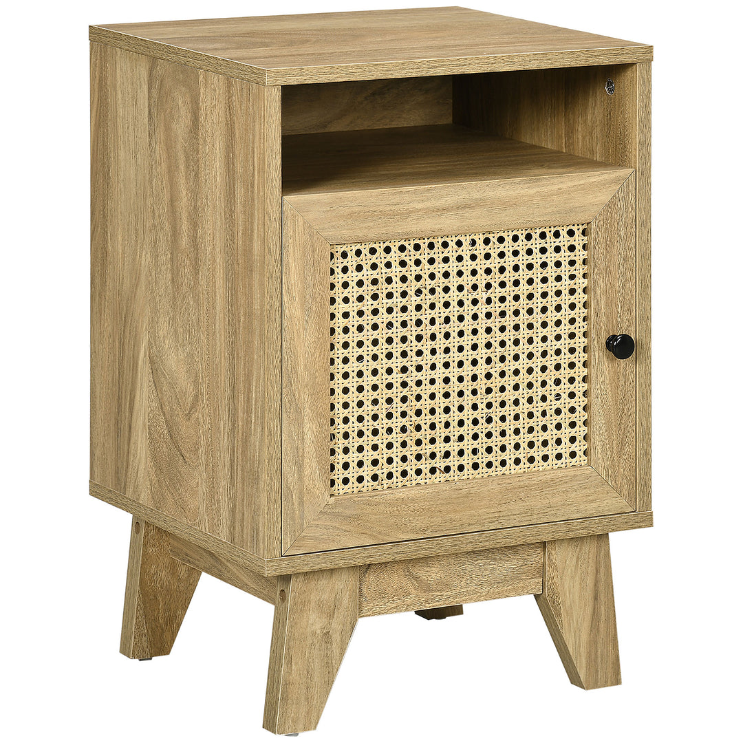 Narrow Rattan Nightstand, Side End Table with Shelf and Cupboard, 39cm x 35cm x 60cm, Natural