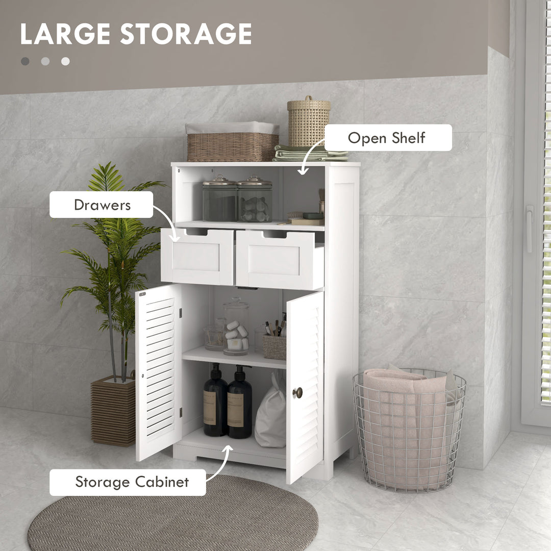 Kleankin Louvred Door Bathroom Storage Unit, Floor Cabinet with Drawers, Open Shelf, Adjustable Shelf, White | Aosom UK