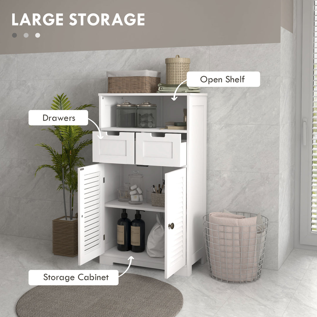 Kleankin Louvred Door Bathroom Storage Unit, Floor Cabinet with Drawers, Open Shelf, Adjustable Shelf, White