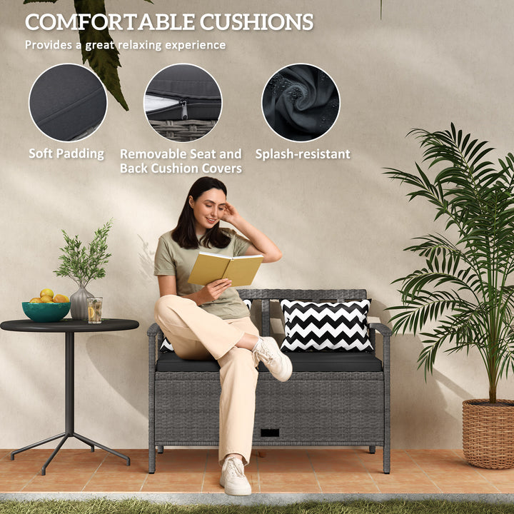 160L Storage Two-Seater Rattan Bench - Grey