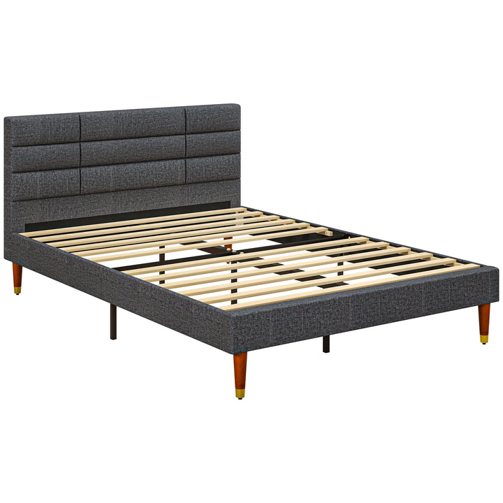 HOMCOM 4ft5 Upholstered Double Platform Bed Frame with Underbed Storage Tufted Headboard Wood Slat No Box Spring Needed