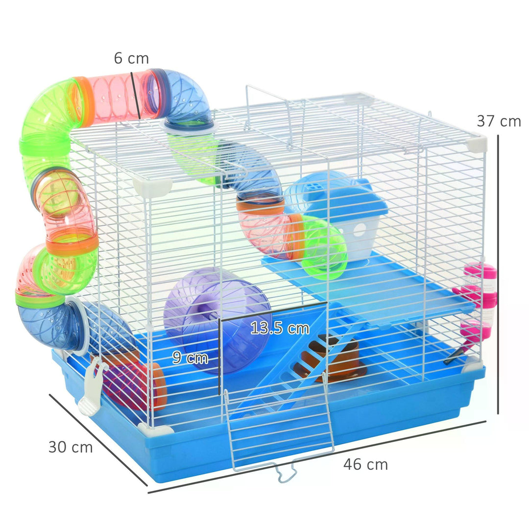 Pawhut 2 Tier Hamster Cage Carrier Habitat Small Animal House with Exercise Wheels Tunnel Tube Water Bottle Dishes for Dwarf Mice, Blue | Aosom UK