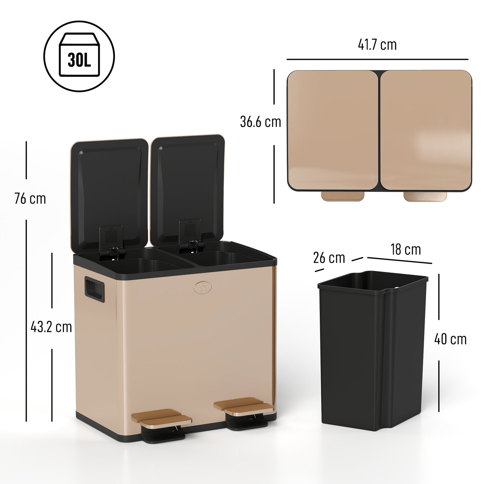 30L Dual Compartment Stainless Steel Bin, with Deodoriser Holders - Go