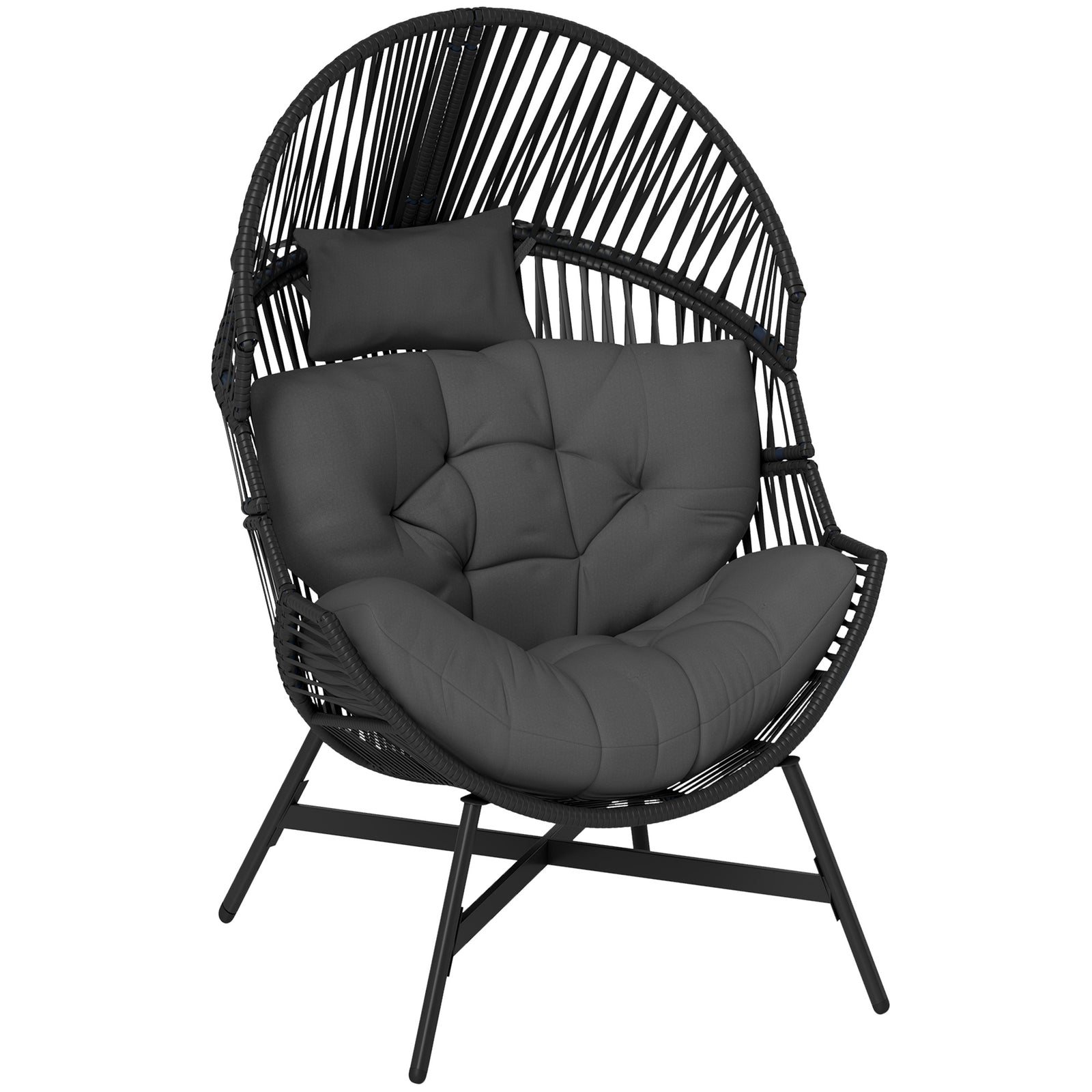 Rattan Egg Chair, Oversized Freestanding Garden Egg Chair with Thick Tufted Cushion, Headrest, Steel Frame for Indoor and Outdoor Use, Charcoal Grey