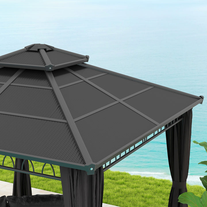 3 x 3 (m) Outdoor Polycarbonate Gazebo, Double Roof Hard Top Gazebo with Galvanised Steel Frame, Nettings & Curtains for Garden, Lawn, Patio and Deck, Dark Grey