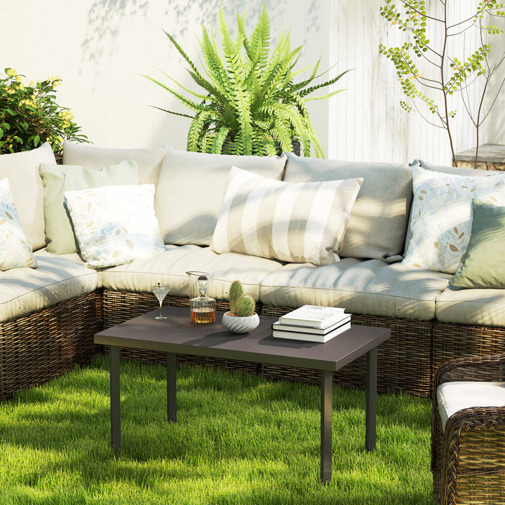 Metal Garden Coffee Table, Rectangular Outdoor Side Table with Woodgrain Tabletop, Foot Pads for Outside, Garden, Balcony, Porch, 95 x 55 x 46cm, Brown