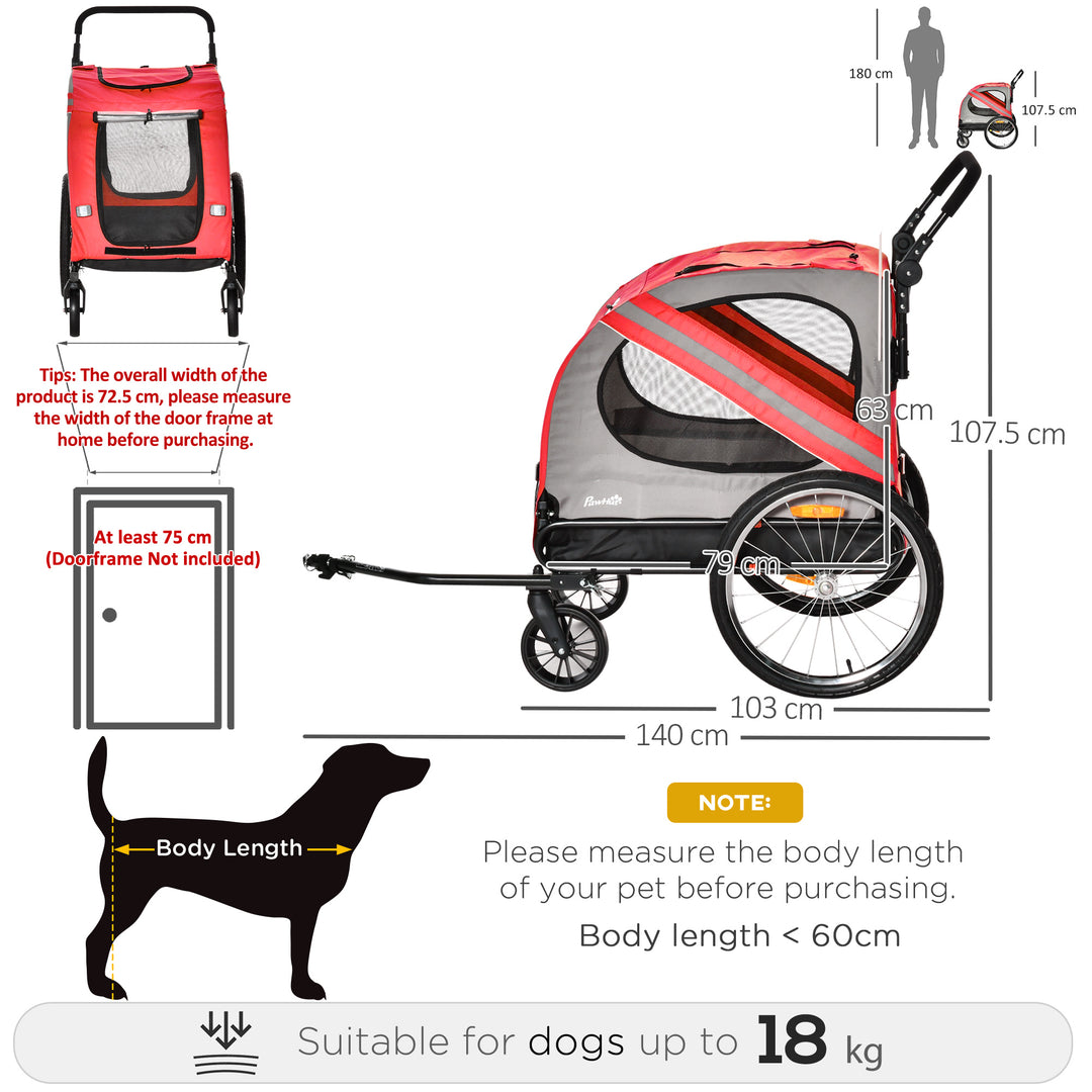 2-In-1 Dog Bike Trailer Pet Stroller with Universal Wheel Reflector Flag Red