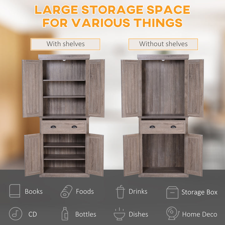 Freestanding Kitchen Cupboard, 184cm Tall Storage Cabinet with Doors and Shelves, Traditional Colonial 4-Door Kitchen Pantry Cupboard with Drawer, Dark Wood Grain