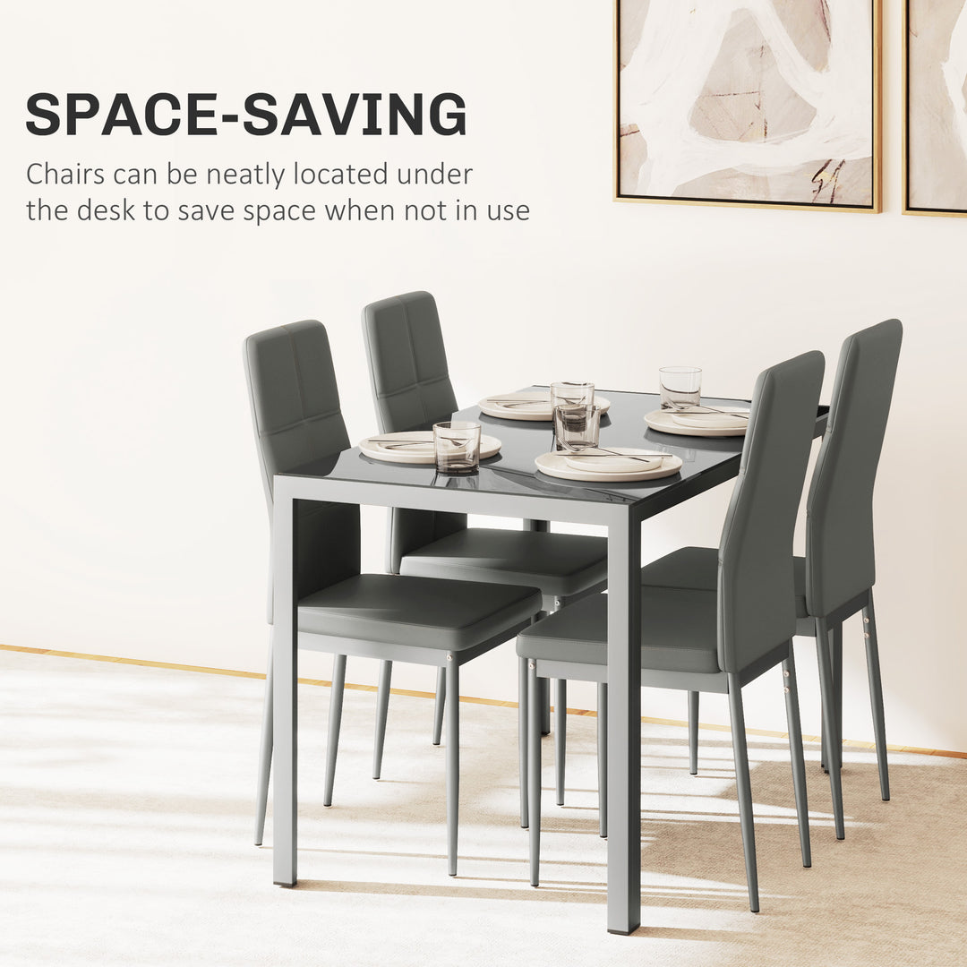 5-Piece Kitchen Dining Table Set with 4 Faux Leather Metal Frame Chairs Glass Tabletop Desk for Dining Room, Kitchen, Dinette, Grey