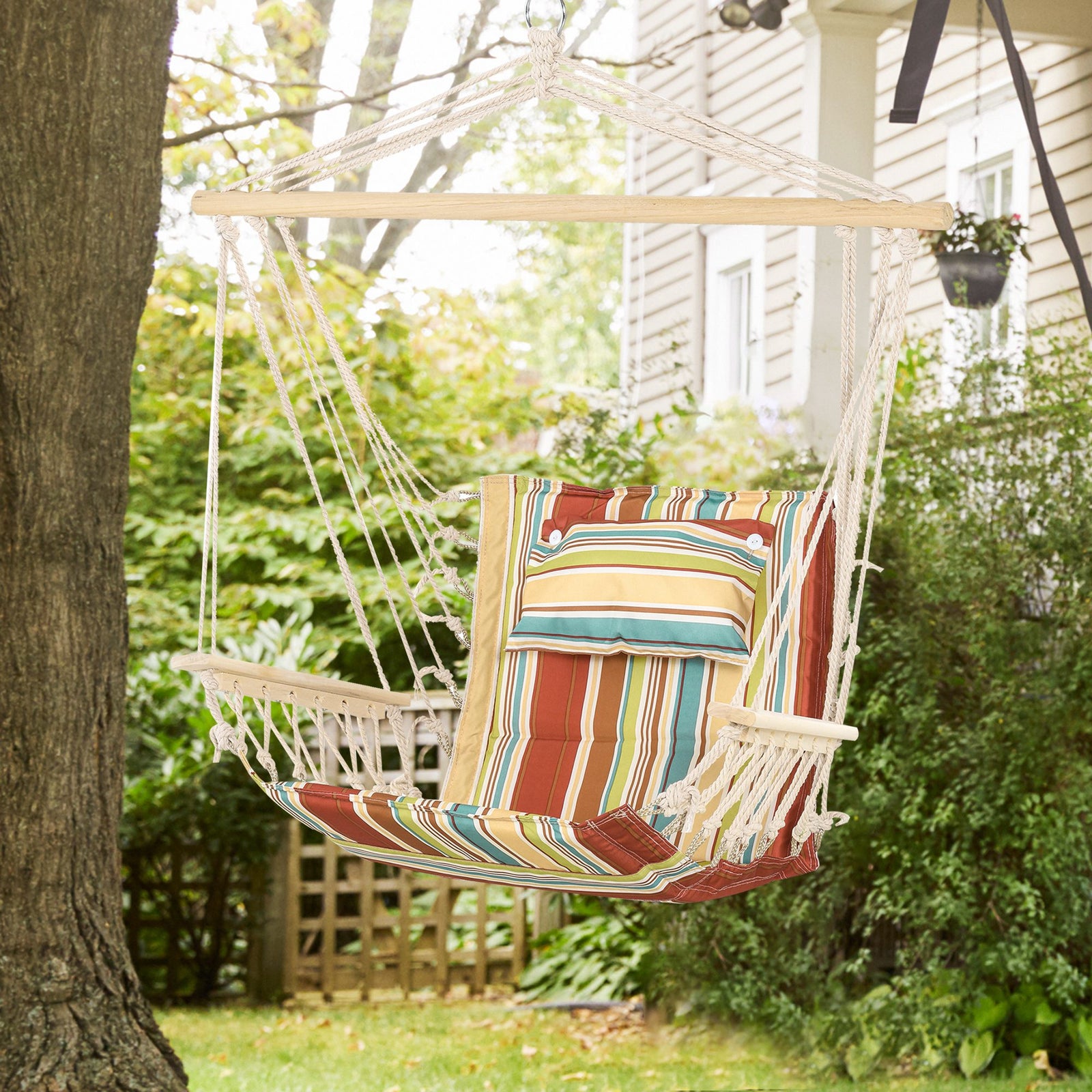 Hanging Hammock Chair Swing Chair Thick Rope Frame Safe Wide Seat Indoor Outdoor Home, Patio, Yard, Garde Spot Stylish Multi-Color Stripe