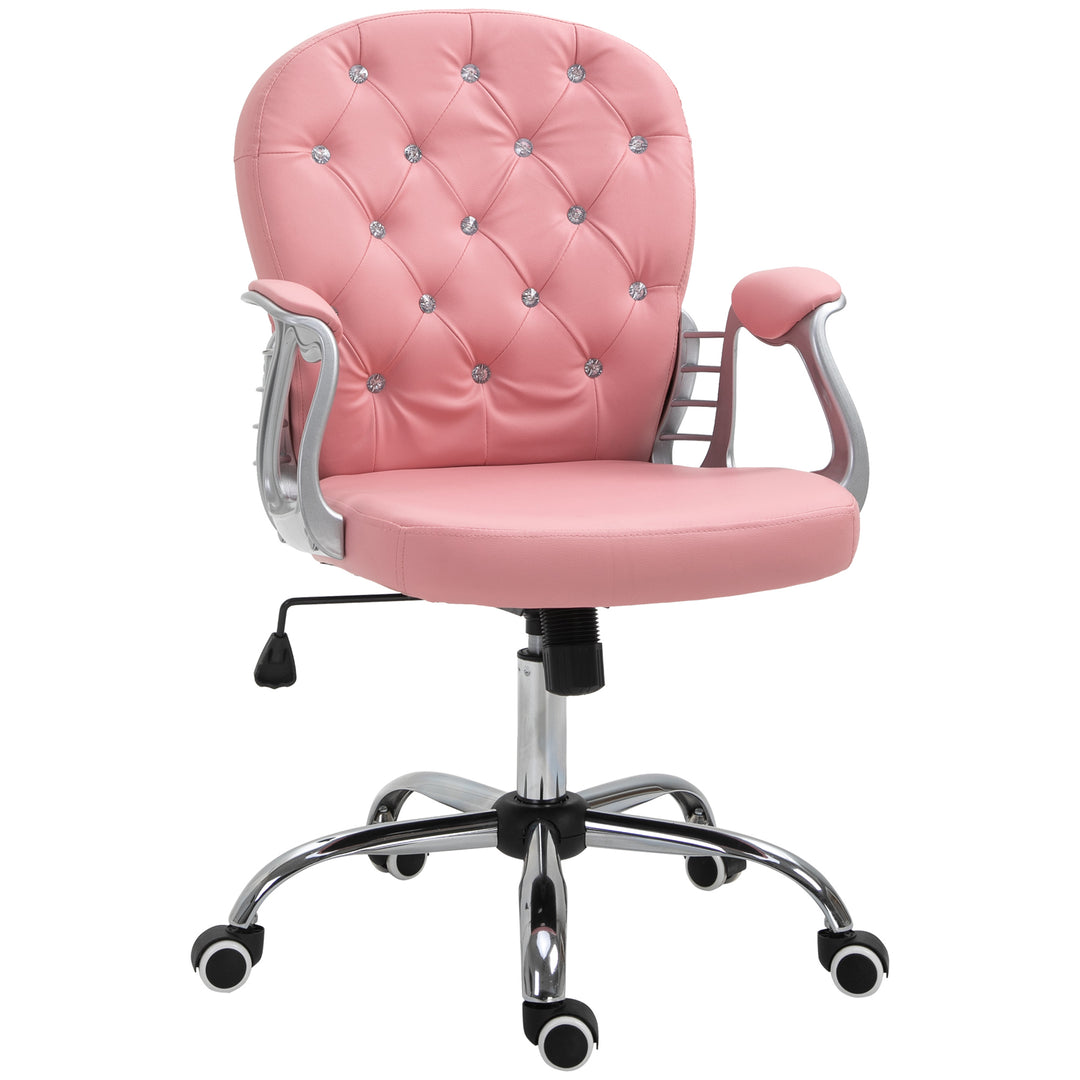 Office Chair Ergonomic 360° Swivel PU Diamante Padded Base 5 Castor Wheels for Home Work Pink
