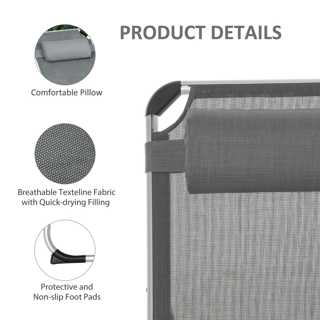 Foldable Outdoor Sun Lounger, Reclining Lounge Chair Camping Bed Cot with Pillow 4-Level Adjustable Back Aluminium Frame, Dark Grey