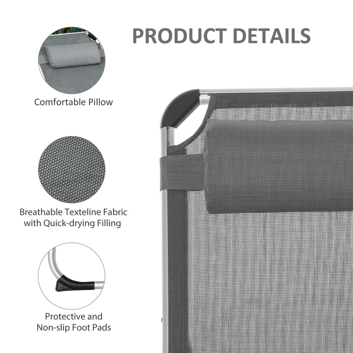 Foldable Outdoor Sun Lounger, Reclining Lounge Chair Camping Bed Cot with Pillow 4-Level Adjustable Back Aluminium Frame, Dark Grey