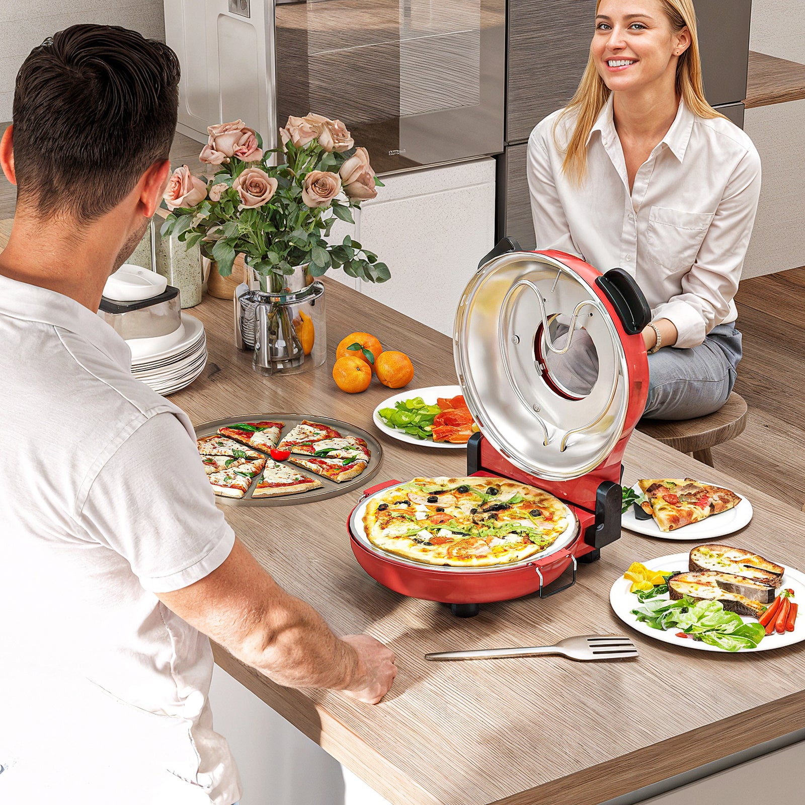 1200W Pizza Oven, 12 Inch Electric Pizza Maker with Viewing Window, Dual Knob Temp & Timer Control, Overheat Protection, Red
