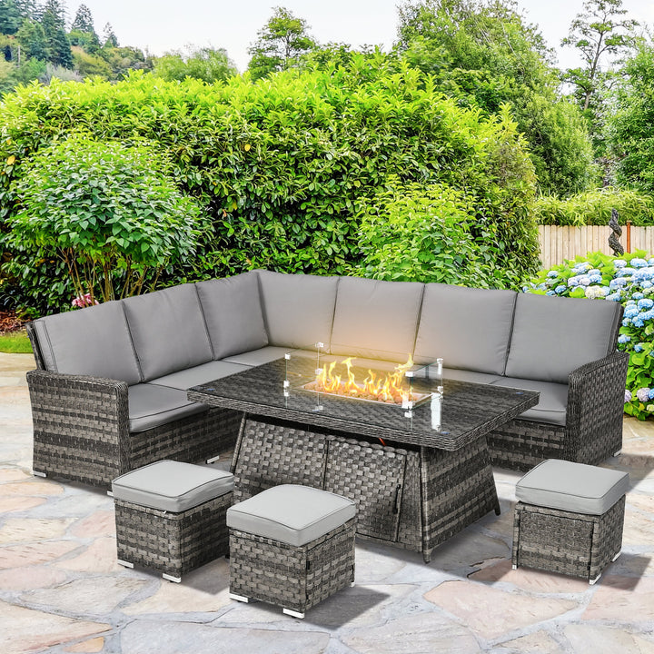 Outsunny 9-Seater PE Rattan Garden Furniture Set, 50,000 BTU Gas Fire Pit Table, Double Corner Sofa, 3 Footstools, Grey