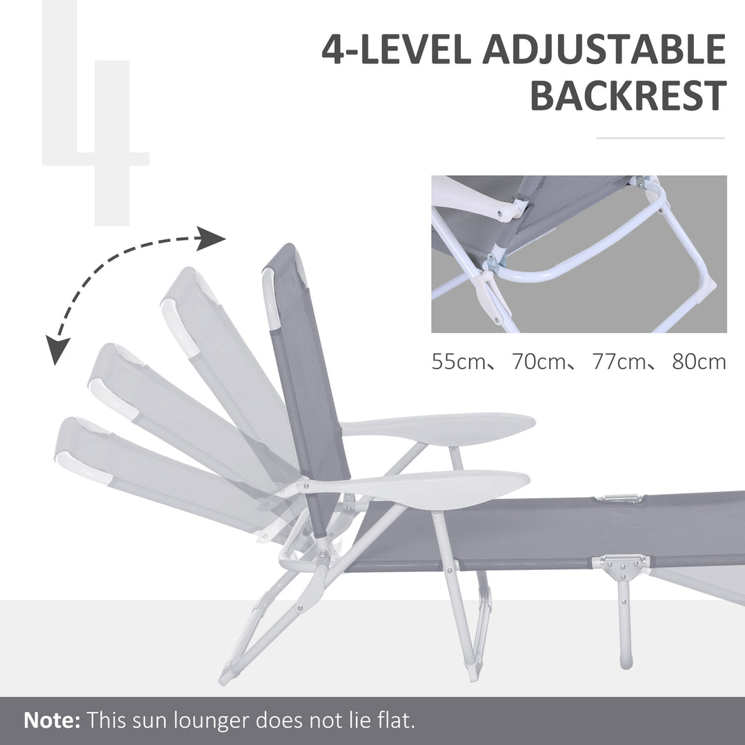 Foldable Sun Lounger, Outdoor 4 Level Adjustable Backrest Reclining Lounge Chair with Armrests for Patio, Garden, Grey