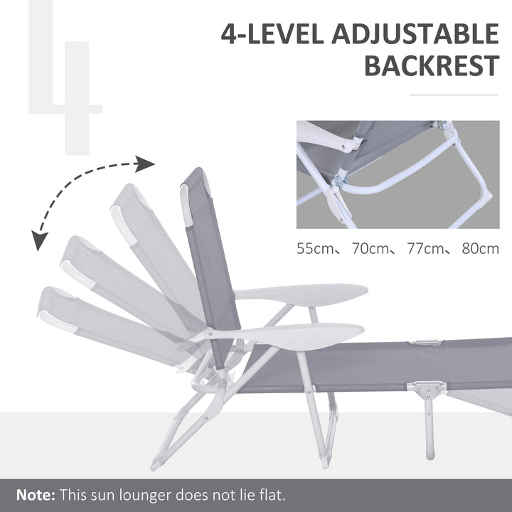 Foldable Sun Lounger, Outdoor 4 Level Adjustable Backrest Reclining Lounge Chair with Armrests for Patio, Garden, Grey