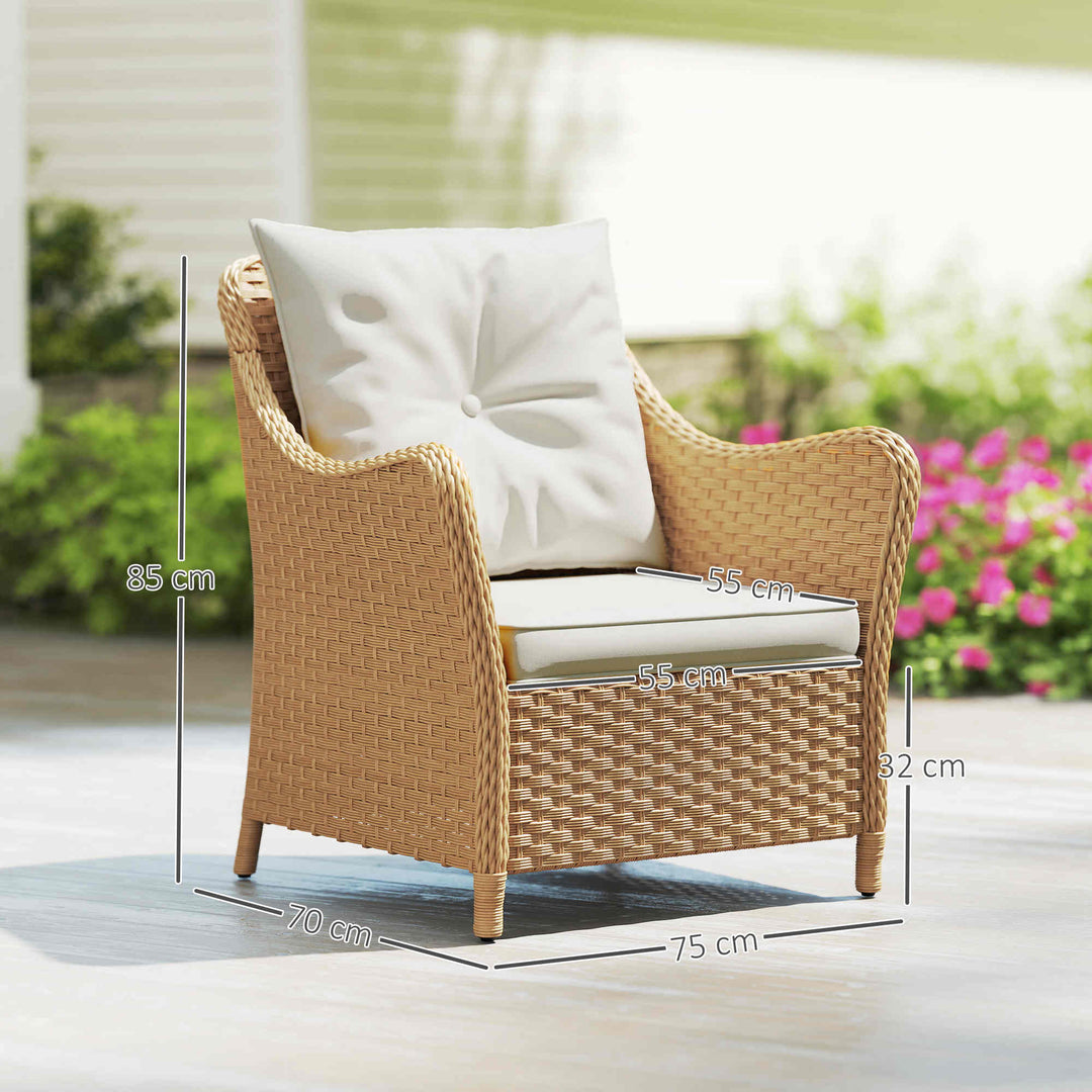 Rattan Garden Chairs Set of 2, Outdoor Rattan Chairs with Cushions, Armrests and High Back, PE Wicker Garden Armchair with Steel Frame for Balcony, Porch, Beige