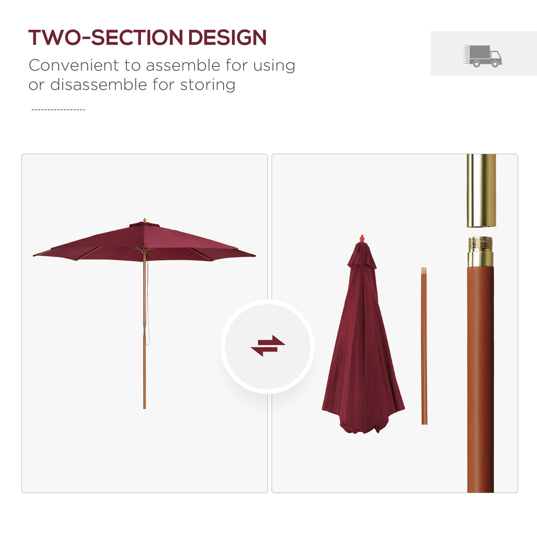 3(m) Garden Parasol, Pulley Operated Patio Umbrella, Wooden Table Market Umbrella with Rope Pulley Mechanism and 8 Ribs, Wine Red