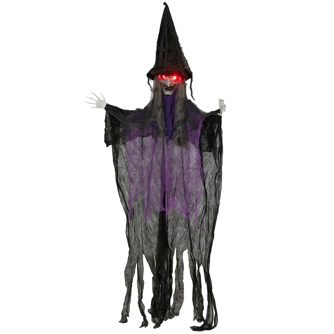 Outsunny 183 cm Life Size Halloween Animated Hanging Witch with Glowing LED Eyes, Spooky Witch Scary Halloween Decorations, Battery Operated, Indoor Party Props