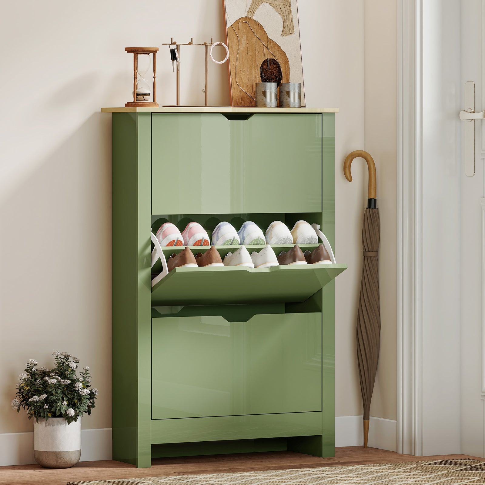 Slim Shoe Cabinet, Narrow Shoe Cupboard with 3 Flip Drawers, Adjustabl