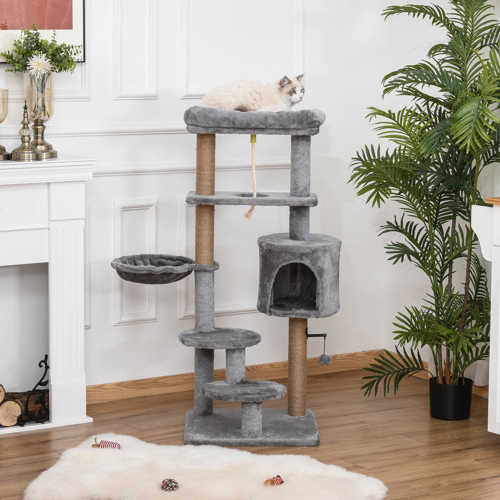 Cat Tree Tower for Indoor Cats 120cm Climbing Kitten Activity Center with Jute Scratching Post Perch Hanging Ball Hammock Teasing Rope Condo Toy Light Grey