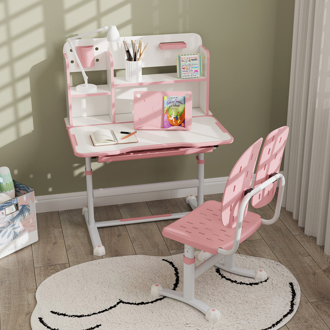 AIYAPLAY Height Adjustable Kids Desk and Chair Set, Children School Study Desk with Tiltable Desktop, Reading Rack, Pink