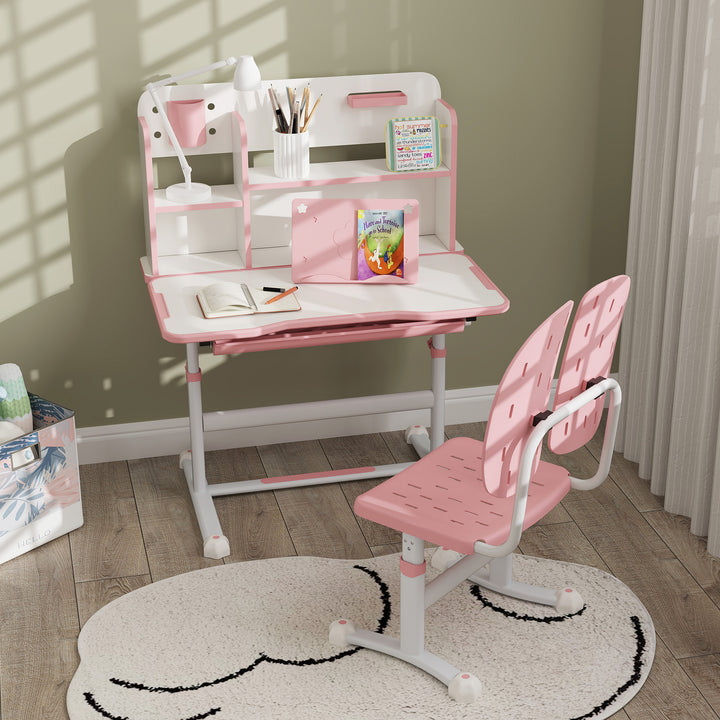 AIYAPLAY Height Adjustable Kids Desk and Chair Set, Children School Study Desk with Tiltable Desktop, Reading Rack, Pink