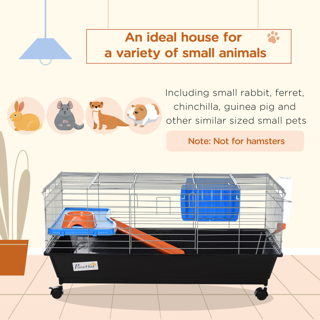 Small Animal Cage Rabbit Guinea Pigs Chinchillas Cage w/ Wheels Water Bottle Food Dish Platform Ramp 89 x 44 x 43 cm Black