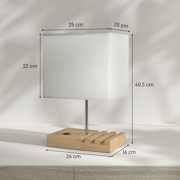 Bedside Lamp with USB A+C Charging Ports and 3 Phone Stands, Modern Table Lamp with Solid Wood Base and Fabric Shade for Bedroom Living Room Office, E27 Socket, Bulb Not Included